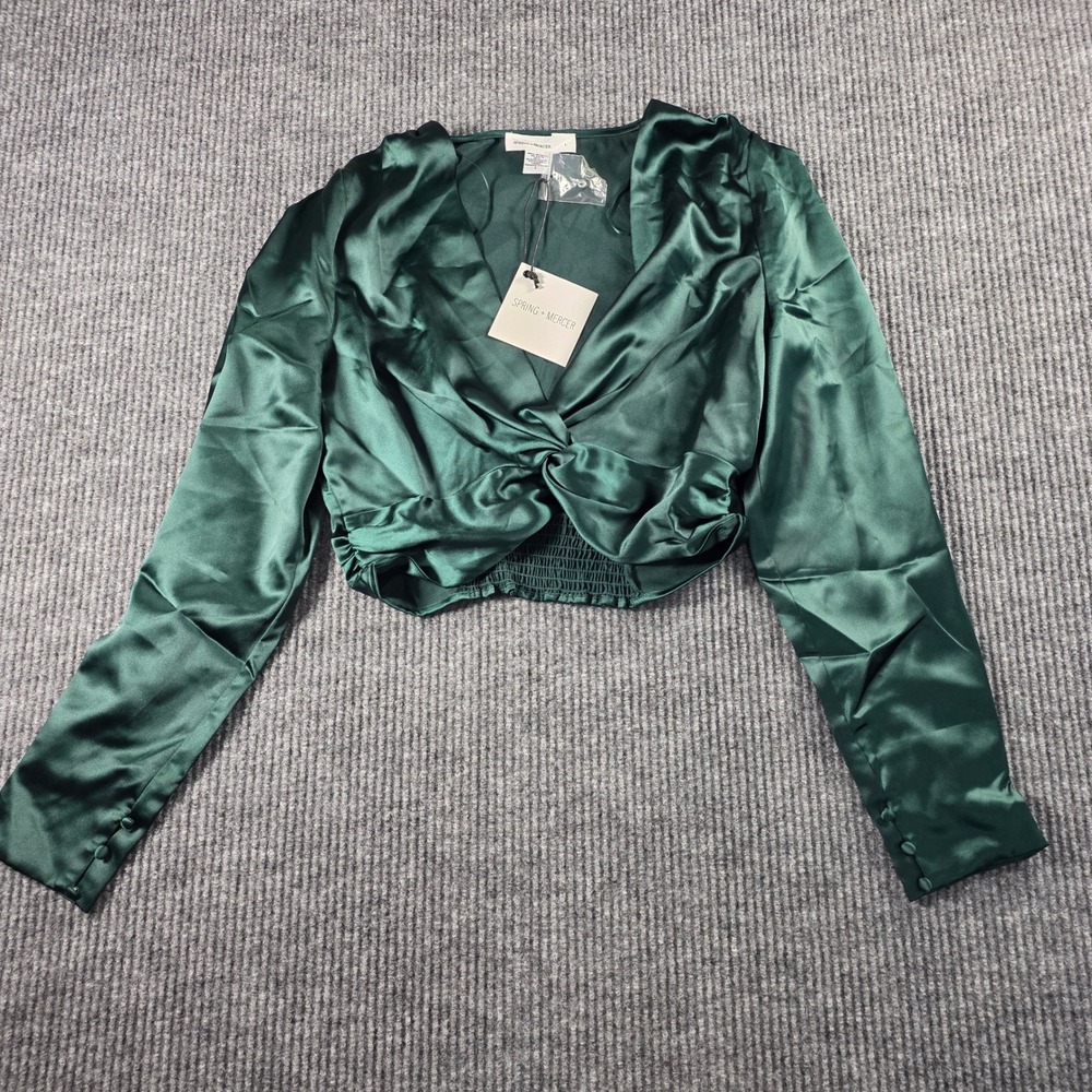 Spring + Mercer Emerald Green Satin Twist Front Crop Top Long Sleeve Size L NEW